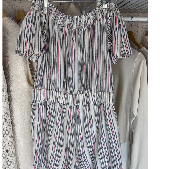 Loft Women's Size M White Linen Striped Off the Shoulder Shorts Romper #0153 - Picture 2 of 6